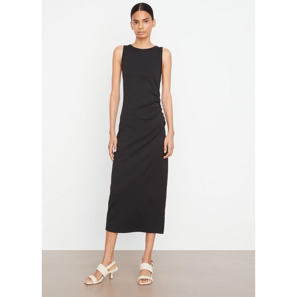 Vince Black Pima Cotton Side Ruched Sleeveless Midi Dress Large V06730